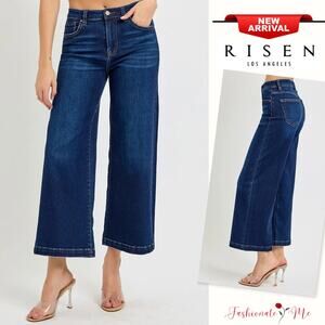 RISEN High Rise Waist Five Pocket Style Dark Wash Cropped Wide Leg Denim Jeans